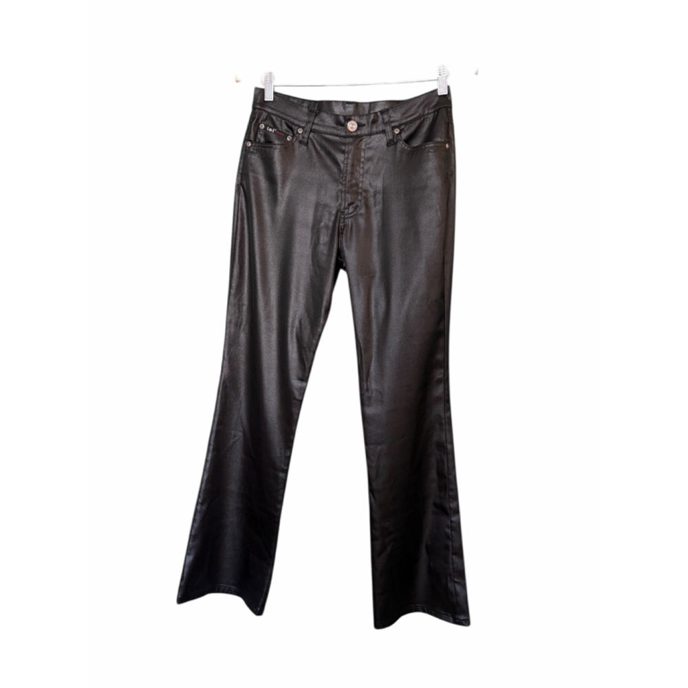 Vintage 90s Y2K l.e.i Wet Look Black Flare Pants Sz 27/28 Jr 7 - Picture 2 of 8